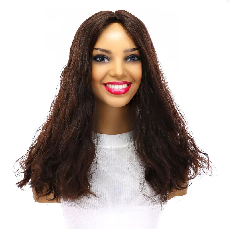 Medium - length wig with a side - swept bang for a sophisticated look18" Emerald Silk Top Topper Dark Brown Wavy