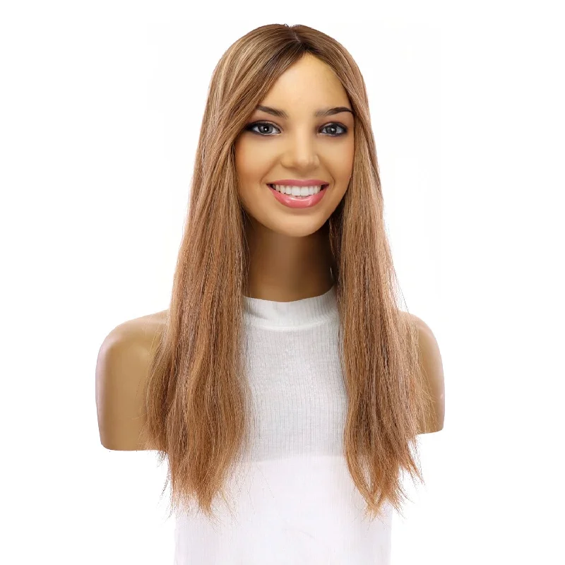 Medium - length wig with a wavy texture for a beachy and relaxed look18" Emerald Silk Top Topper Medium Blonde w/ Highlights Slightly Wavy