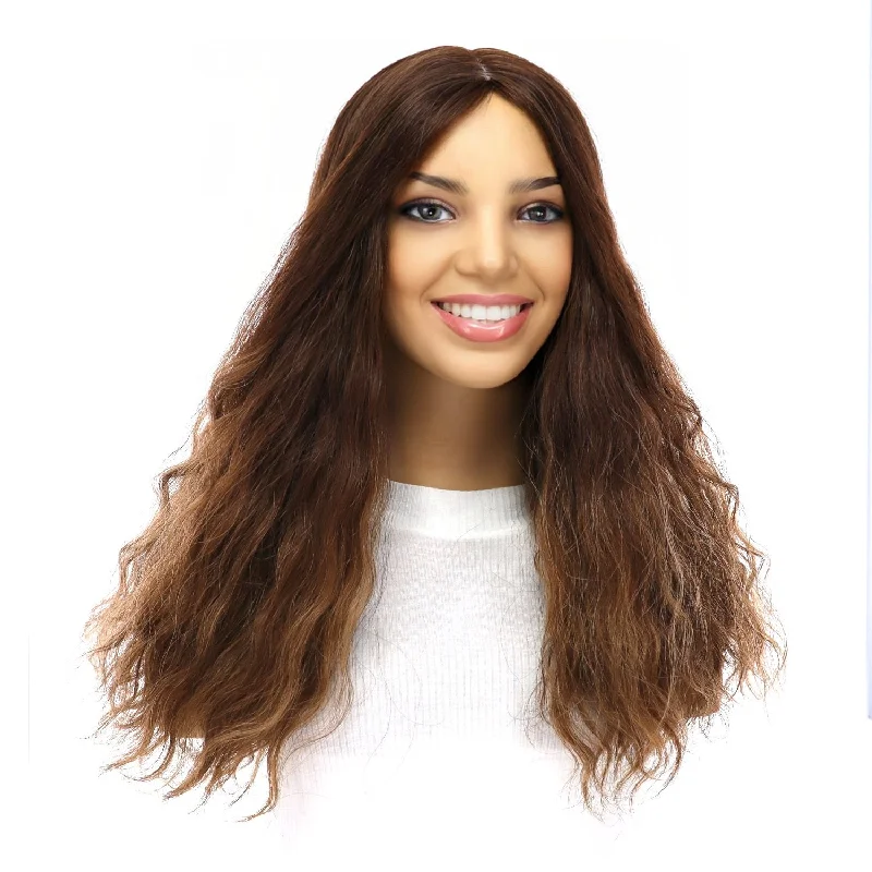 Medium - length wig with a honey - blonde color for a warm and sunny appearance18" Emerald Silk Top Topper Medium Brown Balayage Wavy