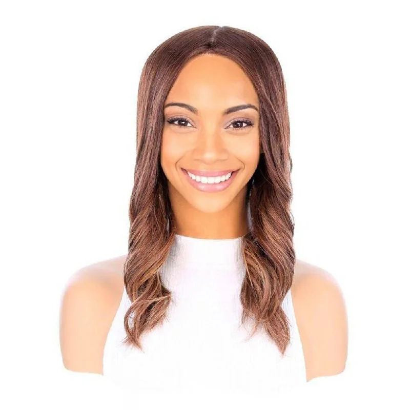 Medium - length wig with a honey - blonde color for a warm and sunny appearance18" Princess Silk Top Wig Medium Brown Balayage