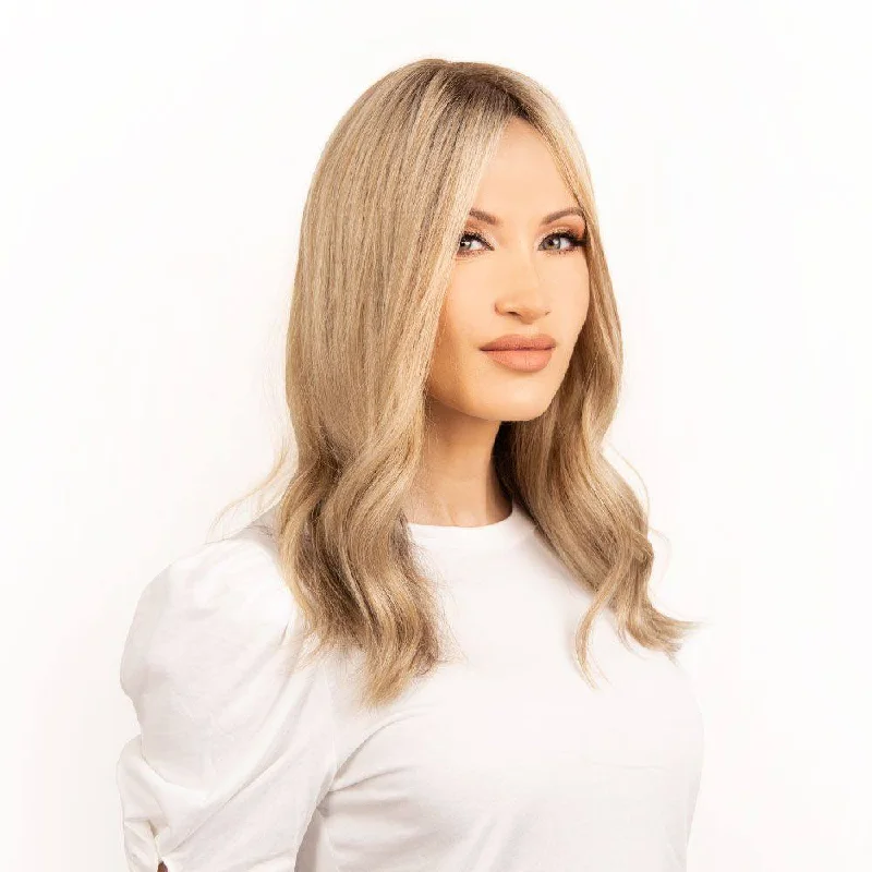 Medium - length wig with a curly fringe for a playful and youthful vibe18" Topaz Lace Top Topper Ash Blonde