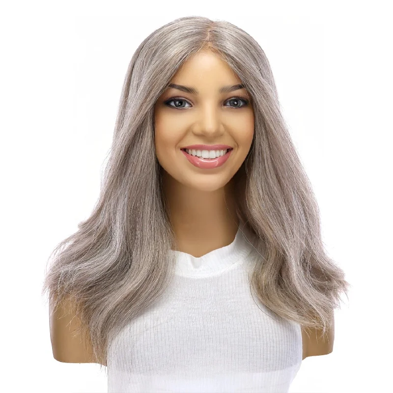 Human - hair medium - length wig for a natural and luxurious feel18" Princess Silk Top Wig Champagne Grey