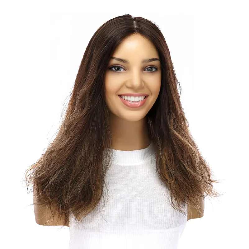 Medium - length wig in a jet - black color for a classic appearance18" Princess Silk Top Wig Dark Brown Balayage Wavy