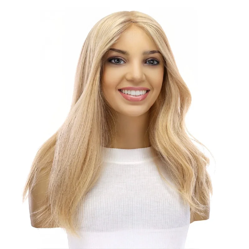 Medium - length wig with a honey - blonde color for a warm and sunny appearance18" Princess Silk Top Wig Golden Blonde No Root