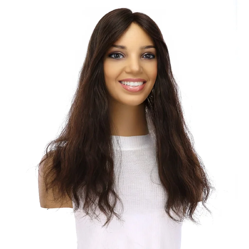 Medium - length wig with a heat - resistant formula for easy styling at home18" Topaz Lace Top Topper Dark Brown Wavy