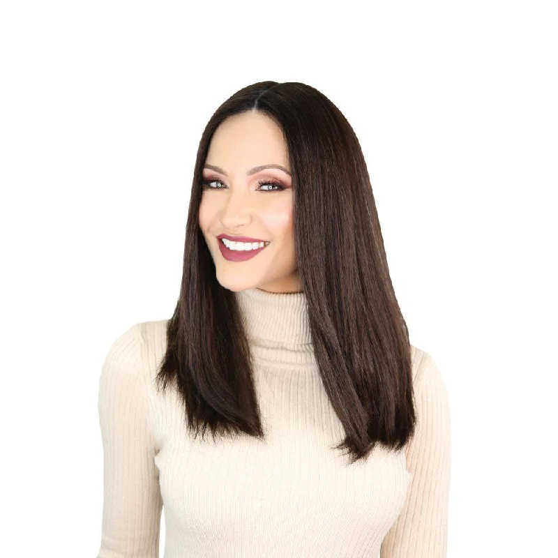 Medium - length wig with a 180 - density for a full and thick appearance19" Nicole Silk Top Wig Dark Brown w/ Partial Rooting