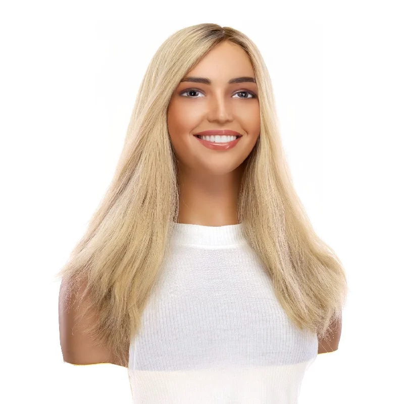 Medium - length wig with a curly fringe for a playful and youthful vibe19" Nicole Silk Top Wig Golden Blonde Wavy