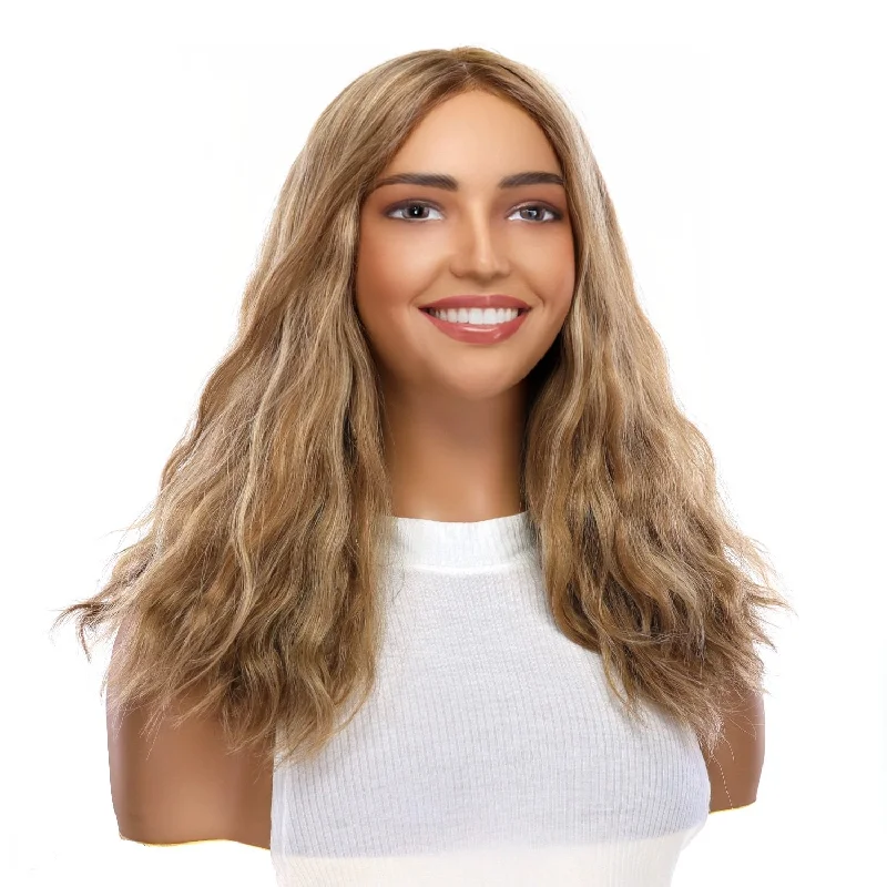 Medium - length wig with a silk - base cap for a comfortable and smooth feel19" Nicole Silk Top Wig Medium Blonde Wavy