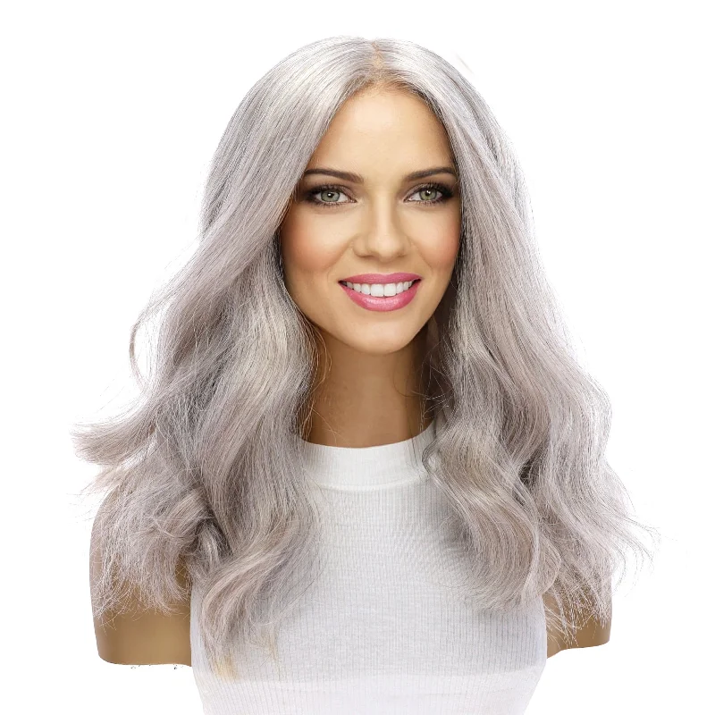 Medium - length wig with a pre - plucked hairline for a more natural look19" Nicole Silk Top Wig Snow Grey