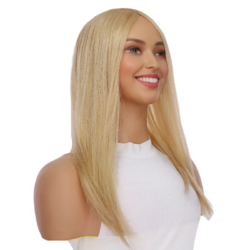 Medium - length wig with a wavy texture for a beachy and relaxed look20" Diamond Mono Top Topper Golden Blonde - No Rooting