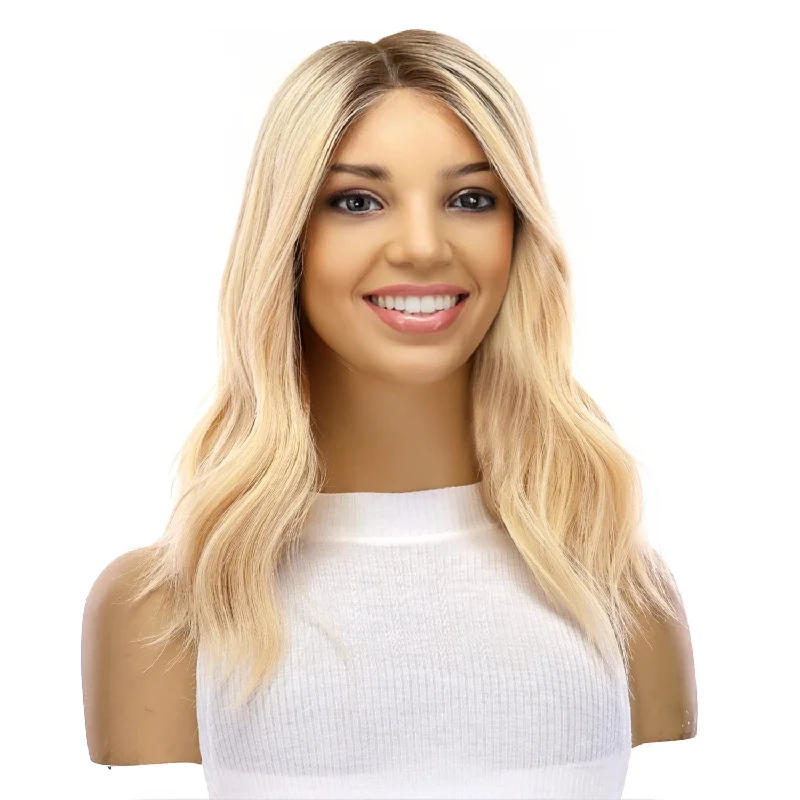 Medium - length wig with a honey - blonde color for a warm and sunny appearance20" Divine Lace Top Topper Ash Blonde Wavy