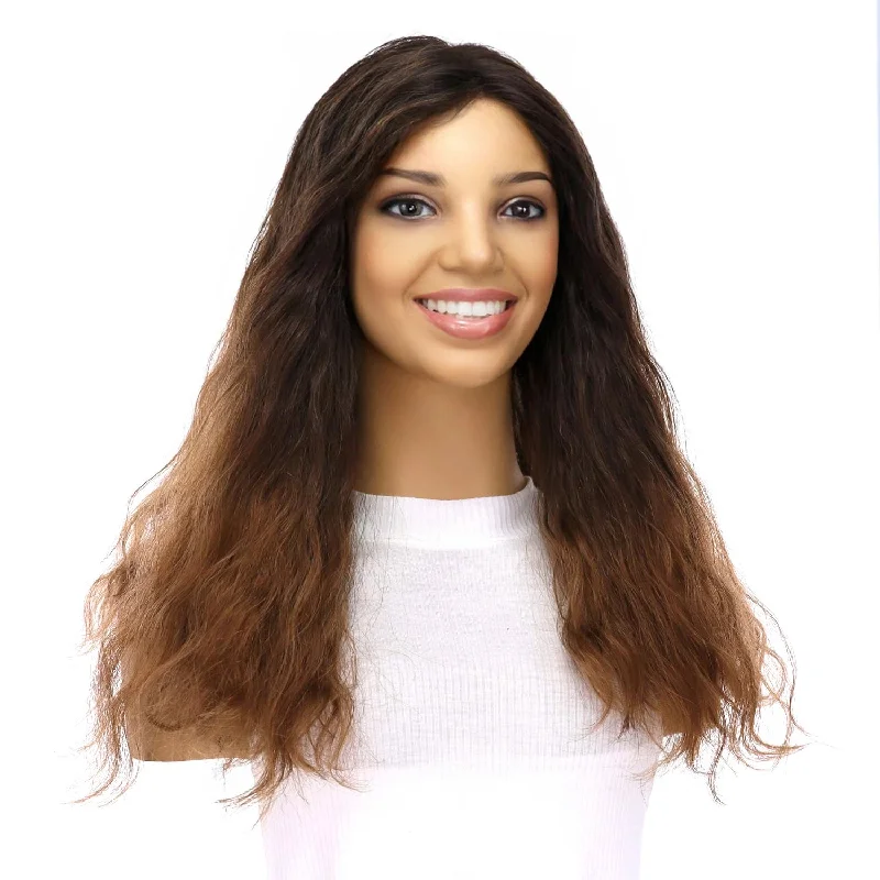 Medium - length wig with a platinum - blonde color for a bold and trendy look20" Divine Lace Top Topper Dark Brown Ombre Wavy