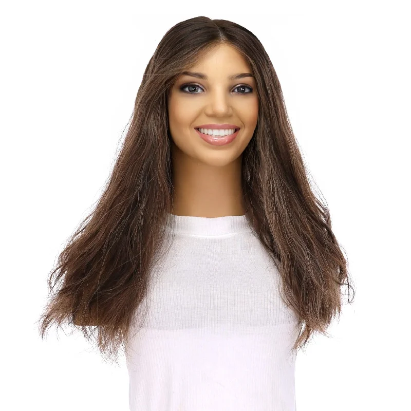 Medium - length wig with a natural - looking root for a more realistic look20" Divine Lace Top Topper Dark Brown w/ Highlights Wavy