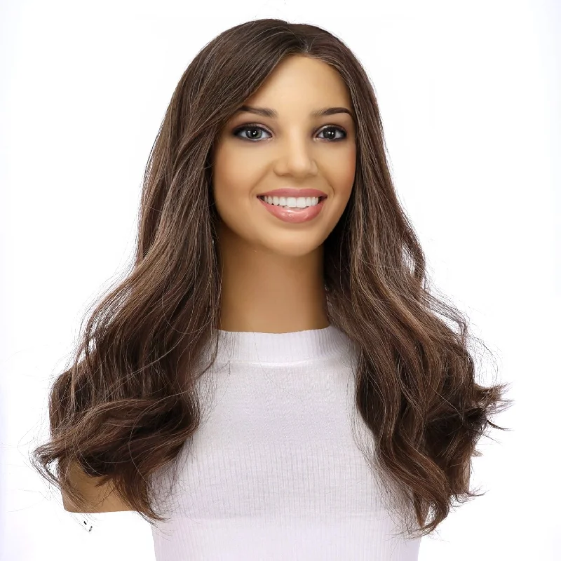 Medium - length wig with a 180 - density for a full and thick appearance20" Divine Lace Top Topper Dark Brown w/ Highlights