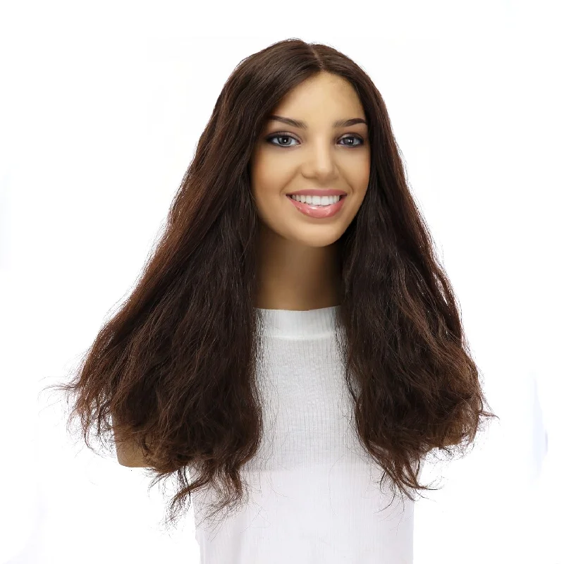 Medium - length wig with a curly texture for a bold and stylish choice20" Divine Lace Top Topper Dark Brown Wavy