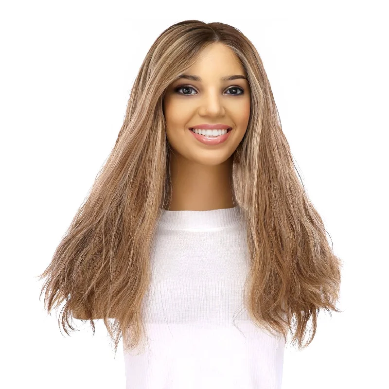 Medium - length wig with a silk - base cap for a comfortable and smooth feel20" Divine Lace Top Topper Medium Blonde w/ Highlights Wavy