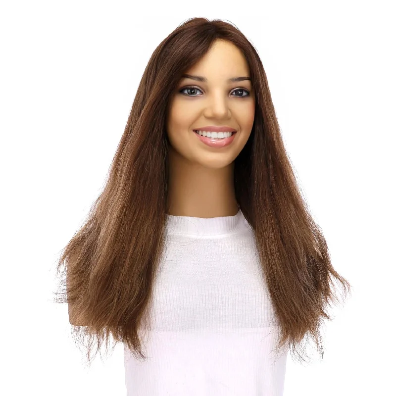 Medium - length wig with a platinum - blonde color for a bold and trendy look20" Divine Lace Top Topper Medium Brown Balayage Wavy