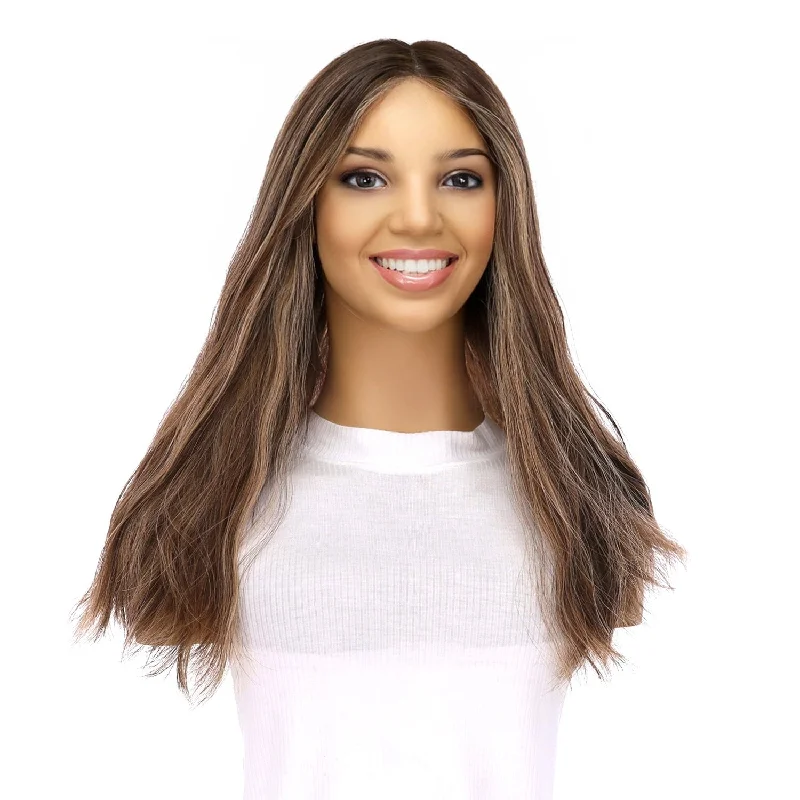 Medium - length wig with a curly texture for a bold and stylish choice20" Divine Lace Top Topper Medium Brown w/ Highlights Wavy