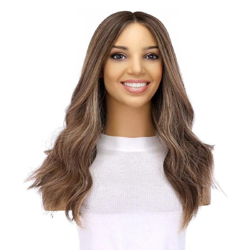 Medium - length wig with a heat - resistant formula for easy styling at home20" Divine Lace Top Topper Medium Brown w/ Highlights