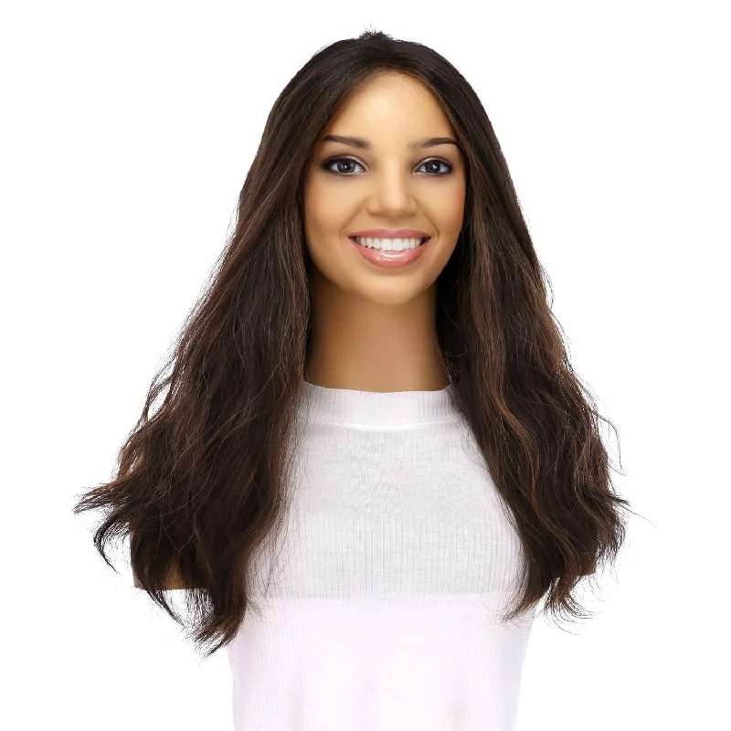 Medium - length wig with a honey - blonde color for a warm and sunny appearance20" Divine Lace Top Topper Soft Black w/ Highlights Wavy