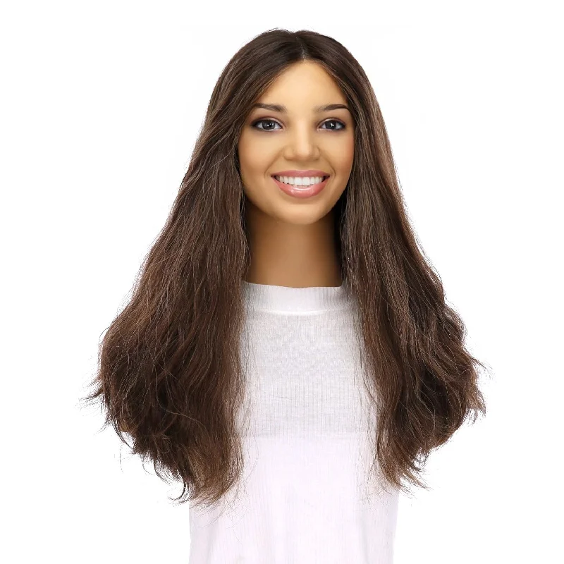 Medium - length wig with a middle - part for a classic and elegant style20" Divine Lace Top Wig Dark Brown w/ Highlights Wavy