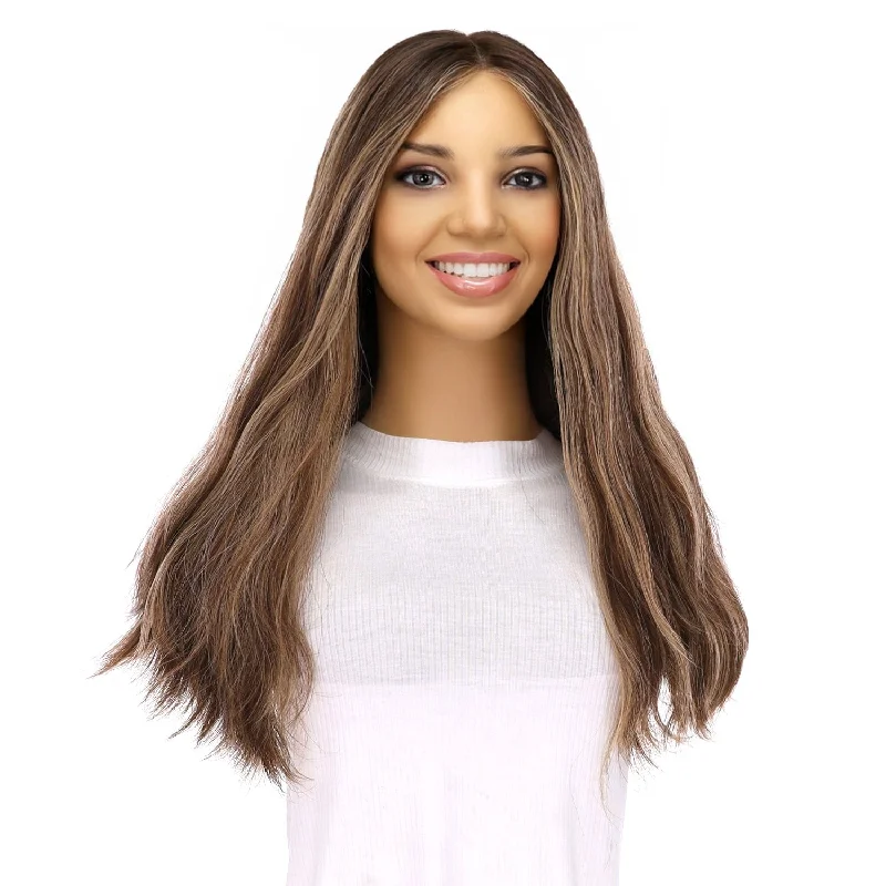 Medium - length wig with a straight texture for a sleek and modern look20" Divine Lace Top Wig Medium Brown w/ Highlights Wavy