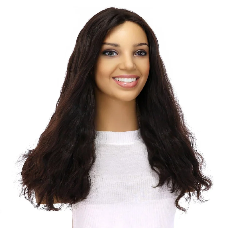 Medium - length wig with a pre - bleached knot for a natural - looking scalp20" Divine Luxe Lace Top Topper #1B Black Wavy