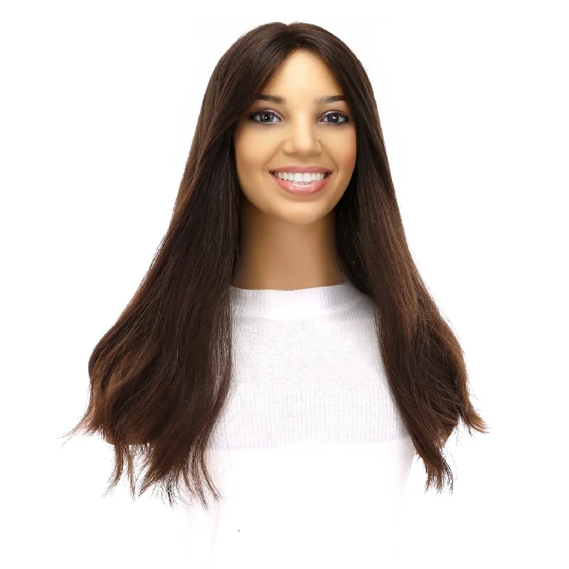 Medium - length wig with a side - swept bang for a sophisticated look20" Divine Luxe Lace Top Topper #5 Warm Dark Brown