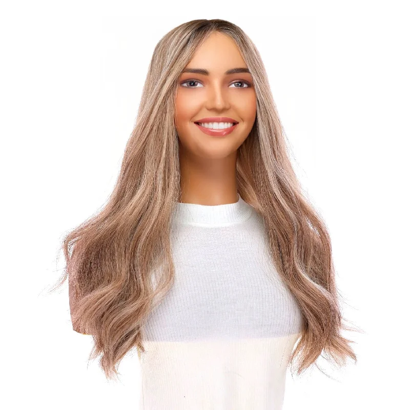 Human - hair medium - length wig for a natural and luxurious feel20" Onyx Silk Top Topper Ashy Blonde w/ Highlights