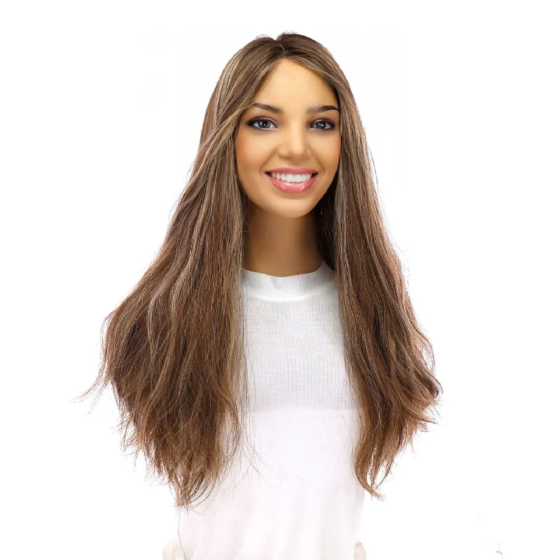 Medium - length wig with a side - swept bang for a sophisticated look20" Onyx Silk Top Topper Medium Brown w/ Highlights Slightly Wavy