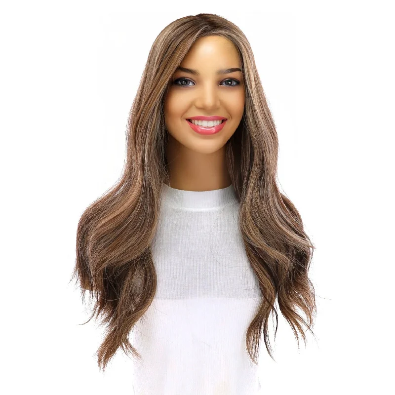 Medium - length wig with a honey - blonde color for a warm and sunny appearance20" Onyx Silk Top Topper Medium Brown w/ Highlights