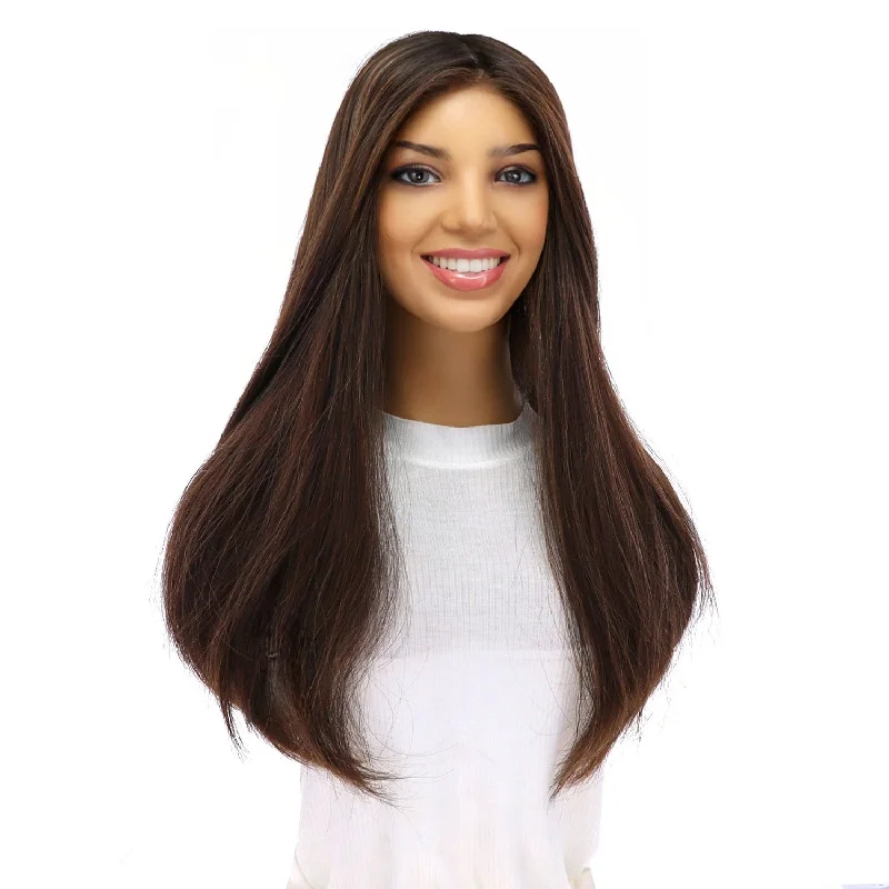 Medium - length wig with a pre - bleached knot for a natural - looking scalp20" Onyx Silk Top Topper Soft Black w/ Highlights