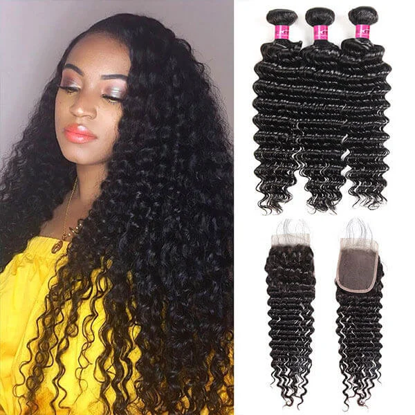 Medium - length wig with a silk - base cap for a comfortable and smooth feelDeep Wave 3 Bundles With Closure 100% Virgin Human Hair Extensions With 4x4 lace Closure