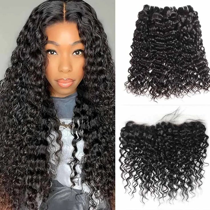 Medium - length wig with a platinum - blonde color for a bold and trendy lookWater Wave Bundles with Lace Frontal Peruvian Hair 3 Bundles with 13x4 Lace Frontal Closure