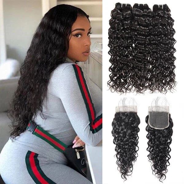 Medium - length wig with a heat - resistant formula for easy styling at homeWater Wave 3 Bundles With Closure 100% Virgin Human Hair Extensions With 4x4 lace Closure