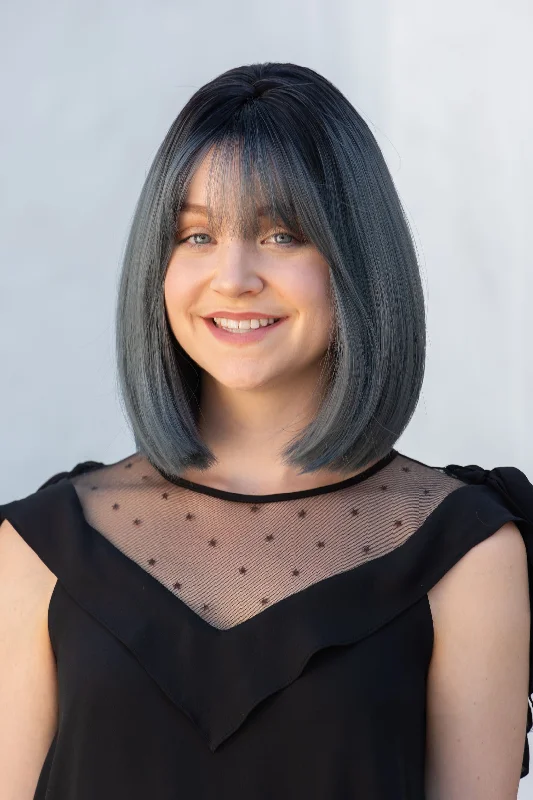 Medium - length wig with a honey - blonde color for a warm and sunny appearanceAsh Blue Ombre Straight Synthetic Bob Wig with Bangs Gracie