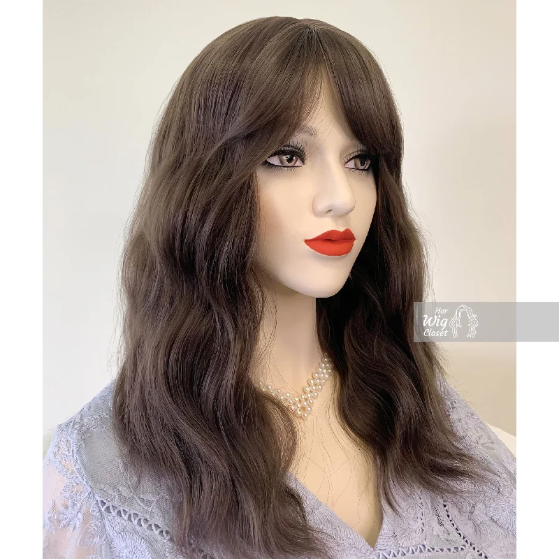 Medium - length wig with a silk - base cap for a comfortable and smooth feelAsh Brown Wavy Synthetic Wig with Bangs Gabriella