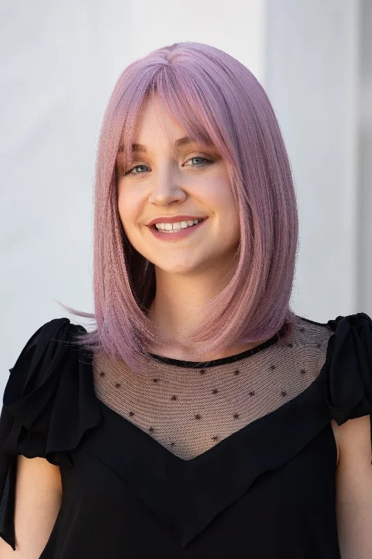 Medium - length wig with a wavy texture for a beachy and relaxed lookAsh Pink Straight Synthetic Bob Wig with Bangs Kate