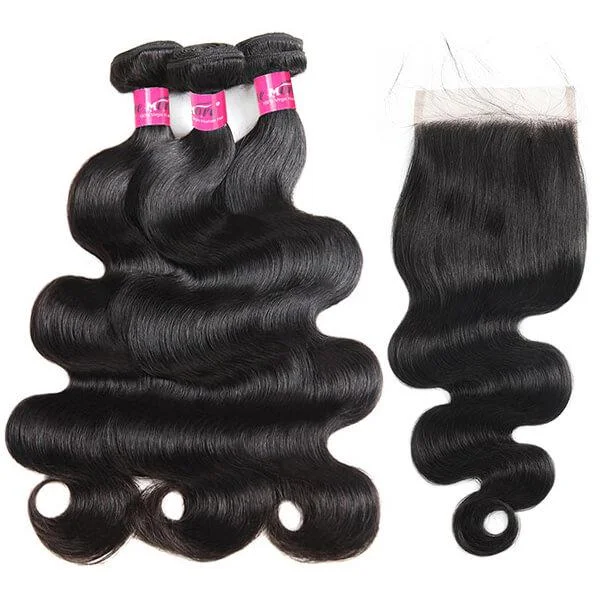 Medium - length wig with a pre - bleached knot for a natural - looking scalpBody Wave Remy Hair Bundles With Closure 3 Bundles with 5x5 Transparent Lace Closure