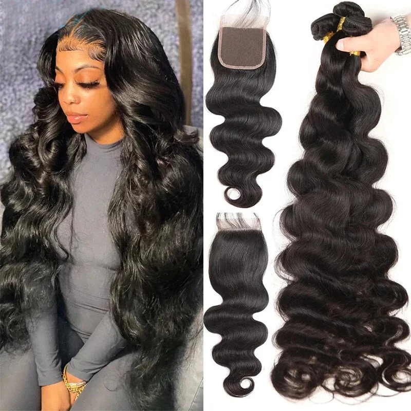 Medium - length wig with a platinum - blonde color for a bold and trendy lookBody Wave Hair 3 Bundles With Closure 100% Virgin Human Hair Extensions With 4x4 Lace Closure