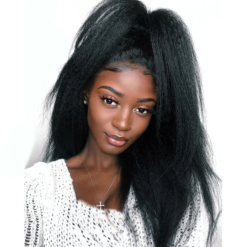 Human - hair medium - length wig for a natural and luxurious feelBrazilian Hair Black Yaki Long Hair Lace Front Wig