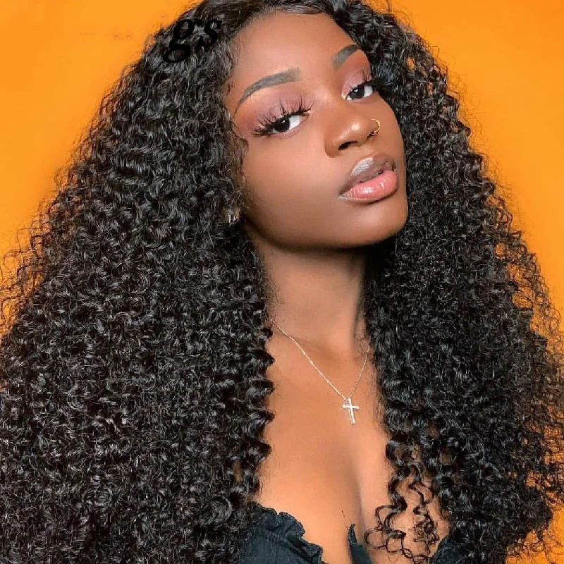 Medium - length wig with a natural - looking root for a more realistic lookBrazilian Human Hair Black Color Afro Curl Lace Front Wig