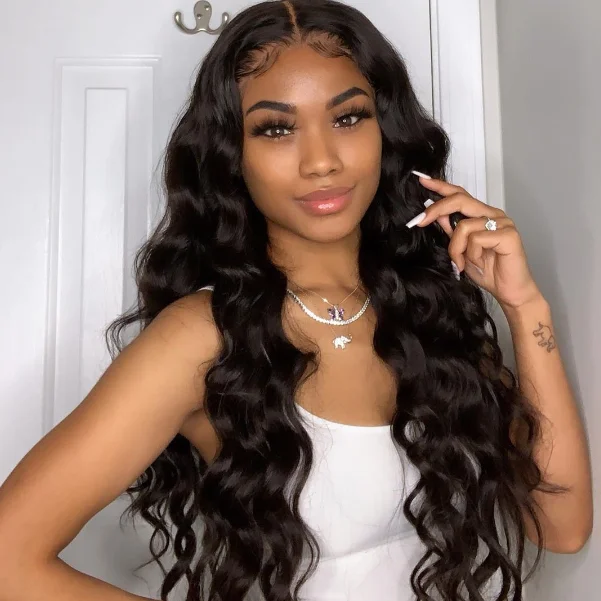 Medium - length wig with a pre - bleached knot for a natural - looking scalpBrazilian Human Hair Black Color Body Wave Lace Front Wig