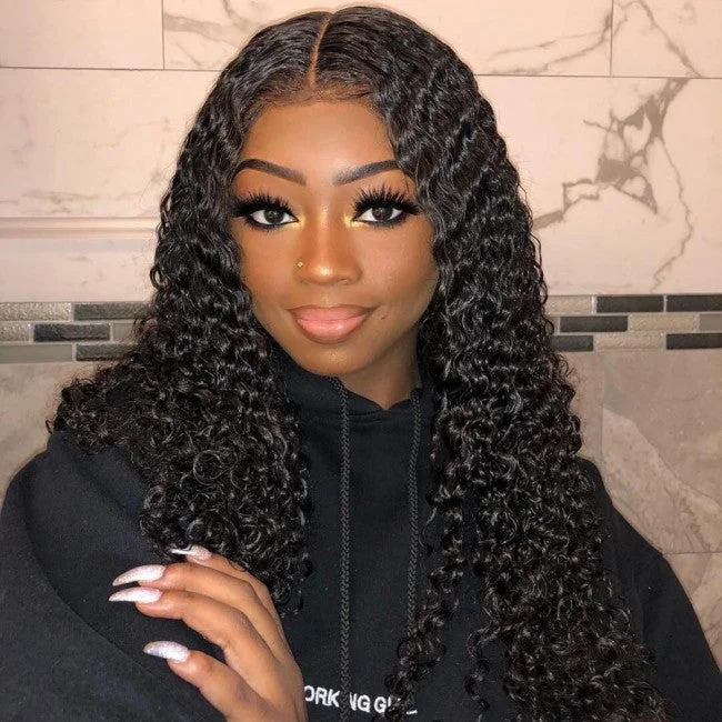 Medium - length wig with a wavy texture for a beachy and relaxed lookBrazilian Human Hair Black Color Deep curly Lace Front Wig