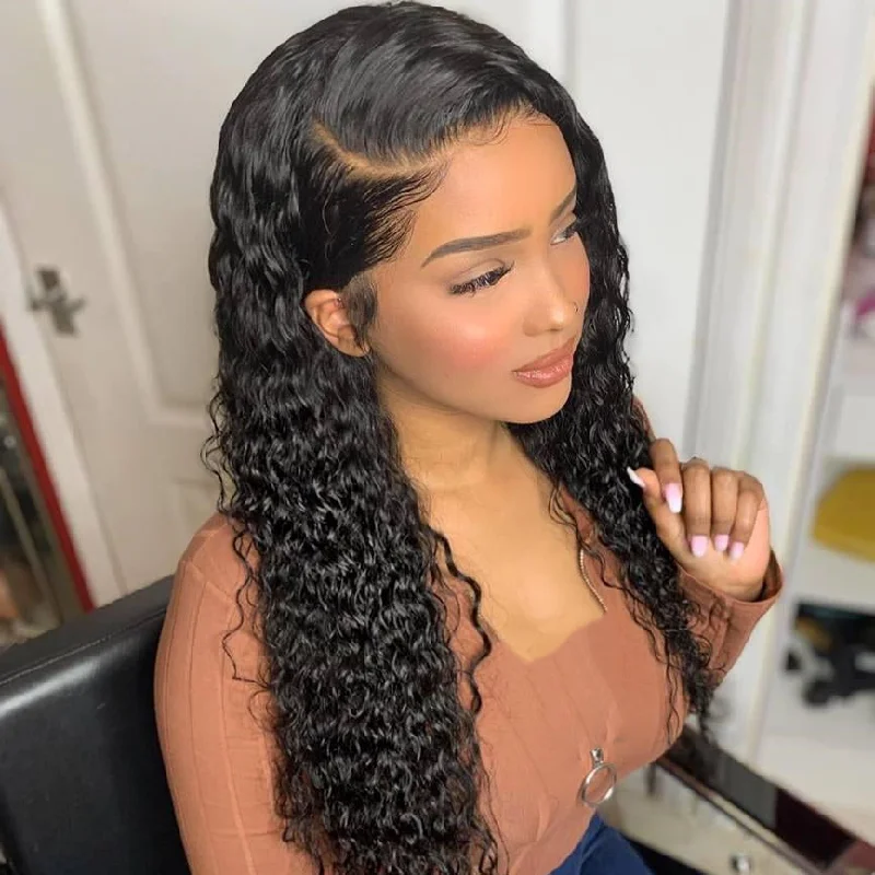 Medium - length wig with a wavy texture for a beachy and relaxed lookBrazilian Human Hair Black Color Water Wave Lace Front Wig