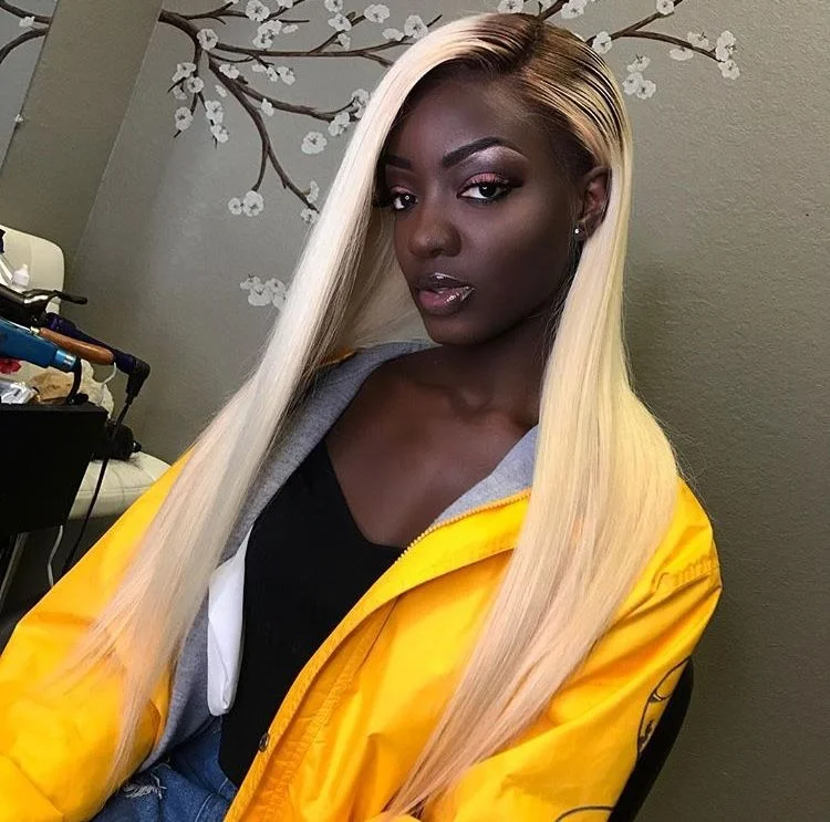 Adjustable - cap medium - length wig for a comfortable fitPeruvian Hair Light Blond With Black Root Fashion Straight Lace Front Wig