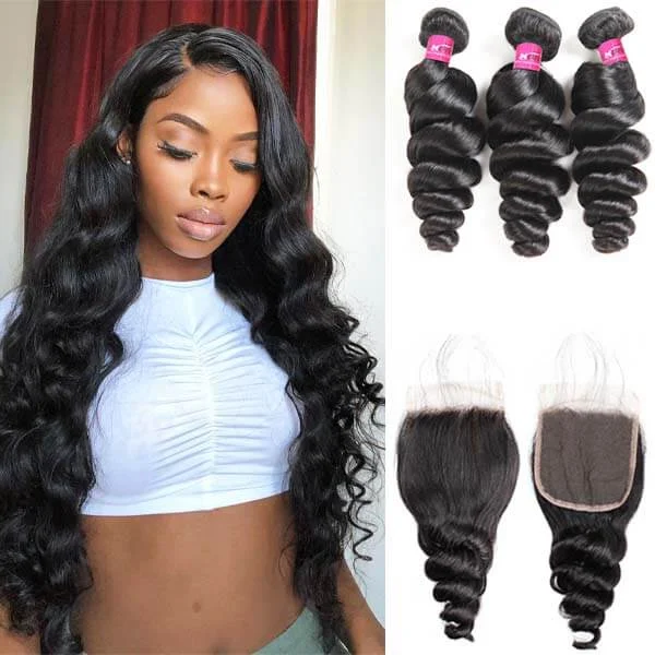 Adjustable - cap medium - length wig for a comfortable fitLoose Body Wave Hair with Closure Brazilian Hair 3 Bundles with 4x4 Lace Closure