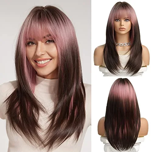 Medium - length wig with a natural - looking root for a more realistic lookBrown Pink Blend Layered Heat Resistant Wig