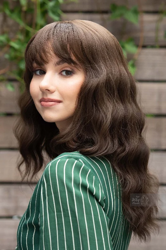 Medium - length wig with a natural - looking root for a more realistic lookBrunette Dark Brown Wavy Synthetic Wig with Bangs Natalie