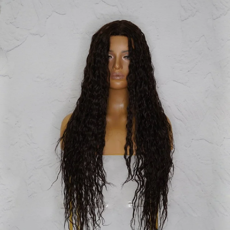 Human - hair long - length wig for a natural and luxurious feelCAMILLA Wet Look Dark Brown Lace Front Wig